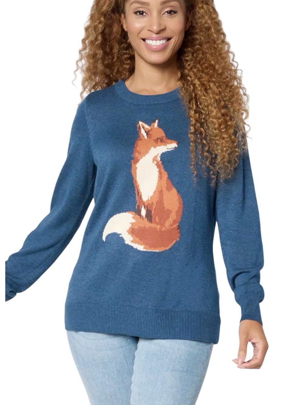 Belle by Kim Gravel Blue Fox Intarsia Crewneck Sweater women's Size L, L408